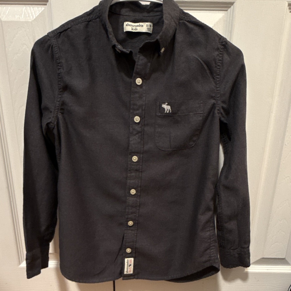 Abercrombie Kids Boys Black Cotton Button-Down Dress Shirt 9/10 Moose Logo